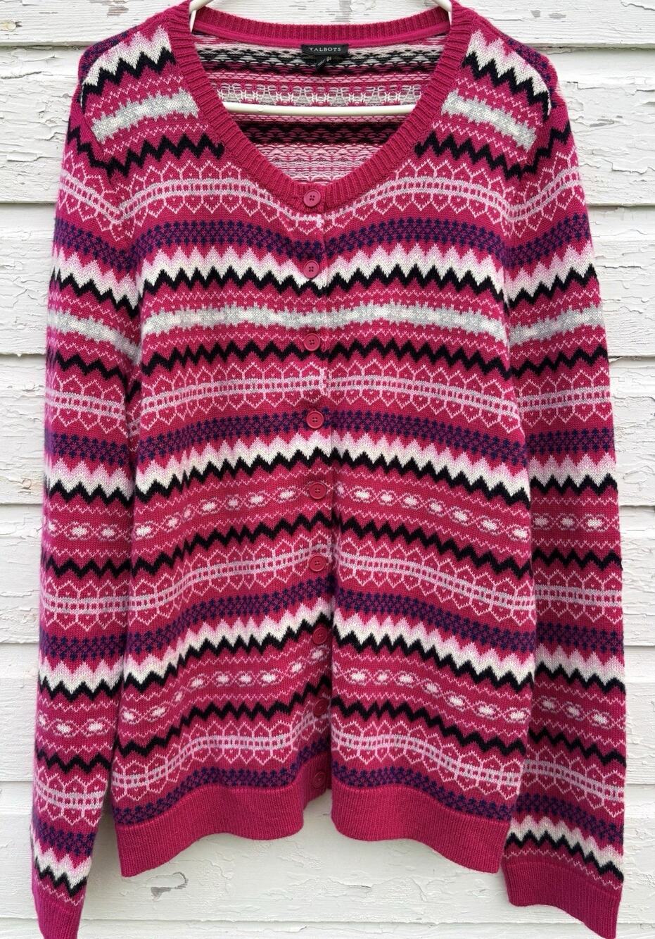 Talbots Cardigan Sweater Pink Womens Large Lambswool Snowflakes Winter Holiday